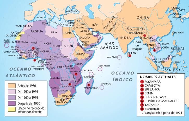 mapa de la descolonización africana y asiática